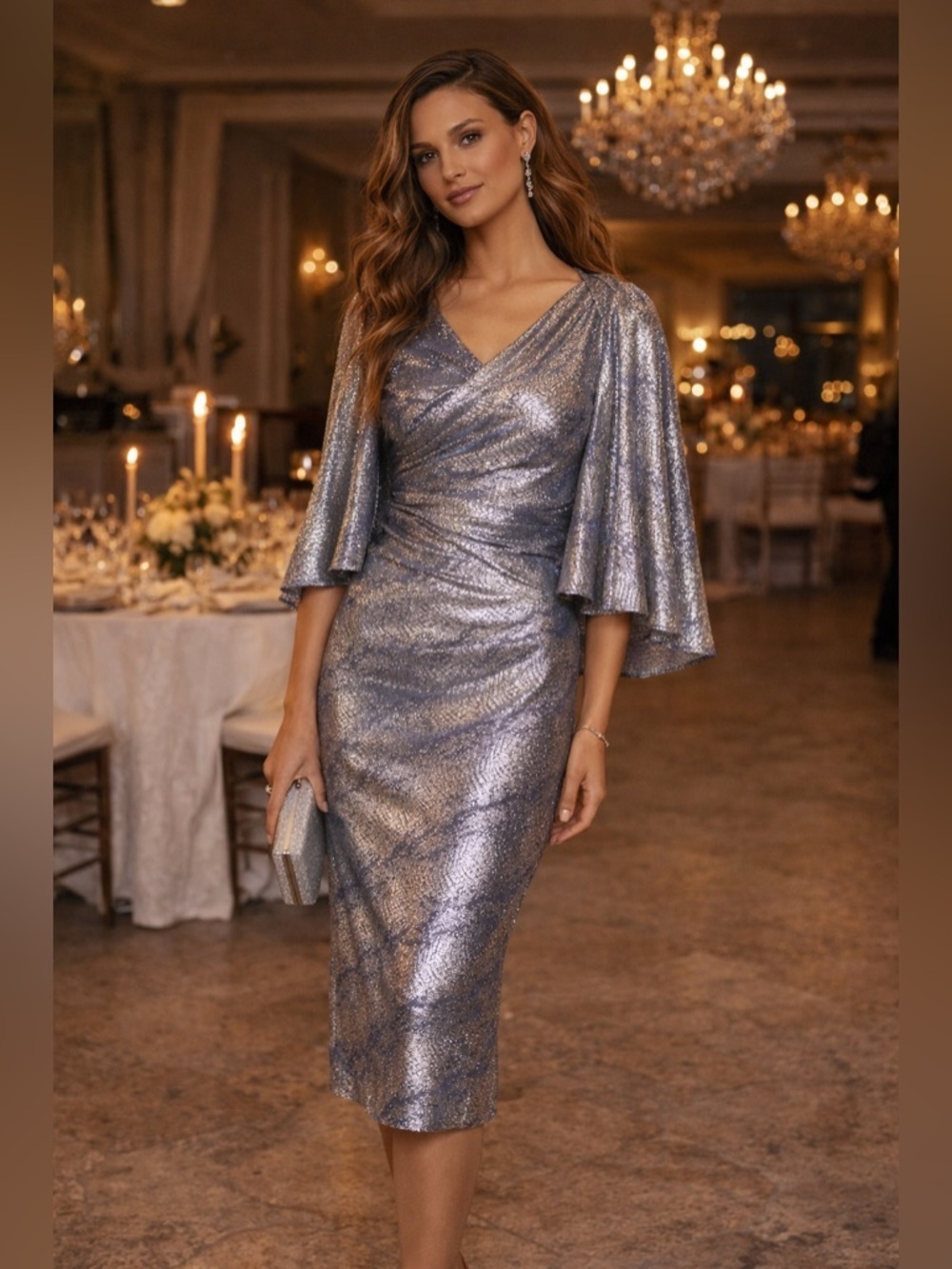 Talbot Runhof Metallic Silver Cape Sleeve Midi Cocktail Dress Size 4